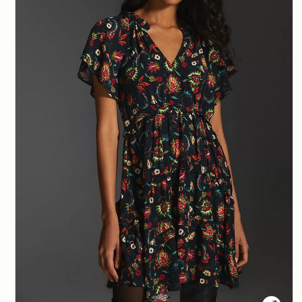 ANTHROPOLOGIE Robin Tiered Mini Dress‎ in Black Floral